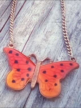 Vintage Orange Enamel Butterfly Necklace 🦋 Retro Guilloché 19"